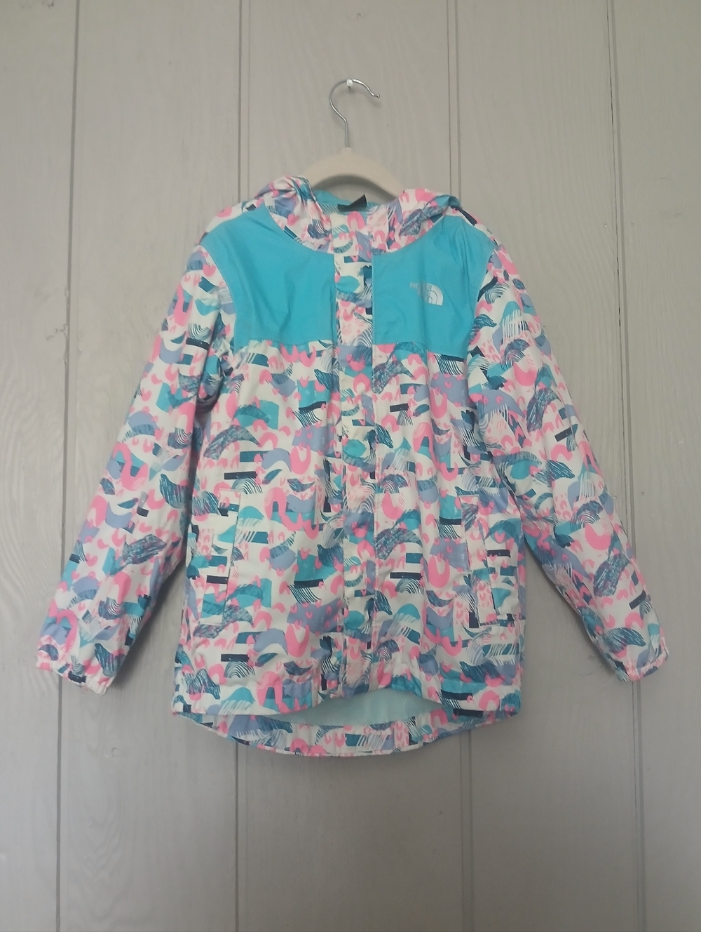 The North Face Girls' Tailout Patterned Rain Jacket Aqua Pink White Size 6